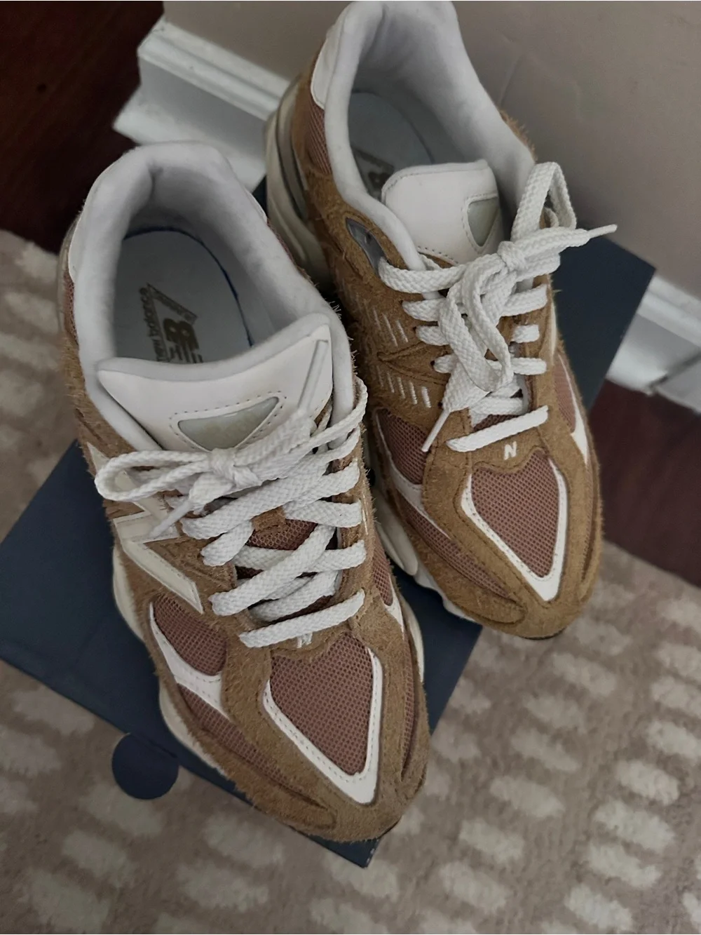 New Balance 9060 Women's Beige Suede and Beige Mesh Sneakers - Picture 5 of 8